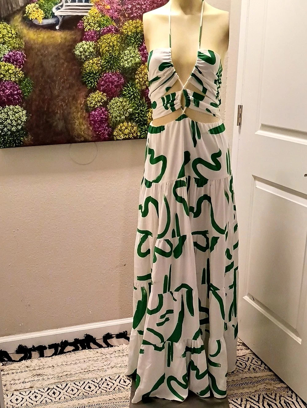 Seven Wonders Abstract Print Maxi Dress in White & Green Like New